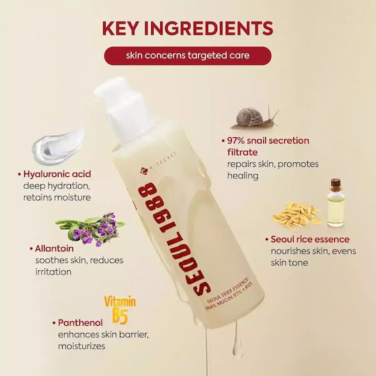 K-Secret Seoul 1988 Snail Mucin 97% + Rice Καταπραϋντικό & Ενυδατικό Essence Προσώπου με Έκκριμα Σαλιγκαριού & Υαλουρονικό Οξύ για Λάμψη & Ακμή 100ml