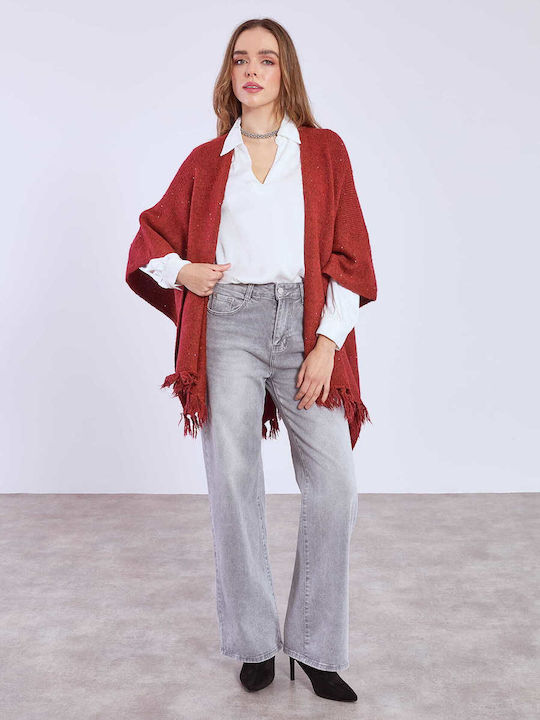 Celestino Γυναικεία Κάπα Μεταλλιζέ Παγιέτες Μαλλί Loose Fit Κόκκινο Σκούρο