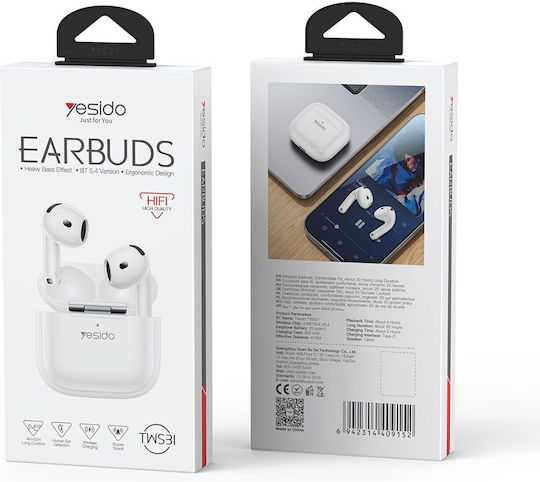 Yesido TWS31 Earbud Bluetooth Handsfree Ακουστικά με Θήκη Φόρτισης Λευκά