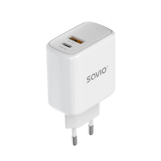 Savio Зарядно без кабел с USB-A порт и USB-C порт 20W Power Delivery Бял (LA-12)