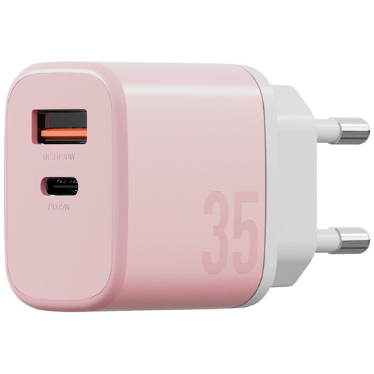 Bazic Φορτιστής GaN με Θύρα USB-A και Θύρα USB-C και Καλώδιο USB-C - USB-C 35W Power Delivery / Quick Charge 3.0 Ροζ (Goport Velox Kit)