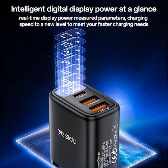 Yesido Charger Without Cable with 2 USB-A Ports and USB-C Port 17W Blacks (YC67)
