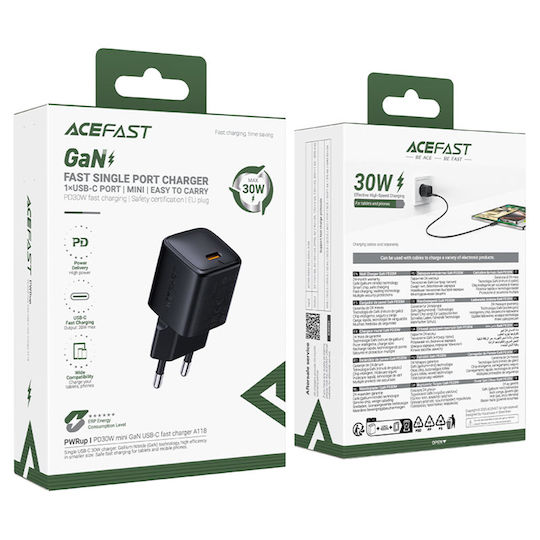 Acefast Charger GaN with USB-C Port and Cable USB-C - Lightning 30W Power Delivery Blacks (A118)