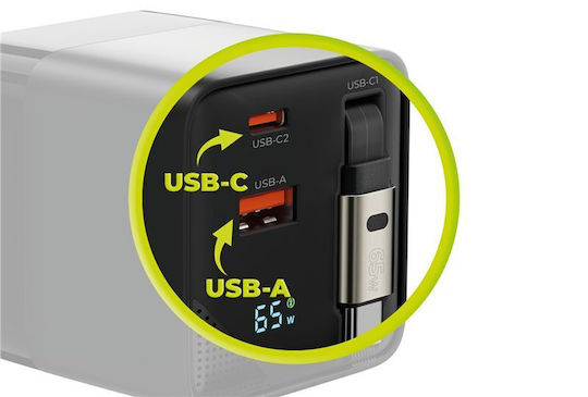 Mobile Origin Charger with Built-in Cable GaN with USB-A Port and USB-C Port USB-C 65W Power Delivery Blacks (MO-65WDCH-PW2)