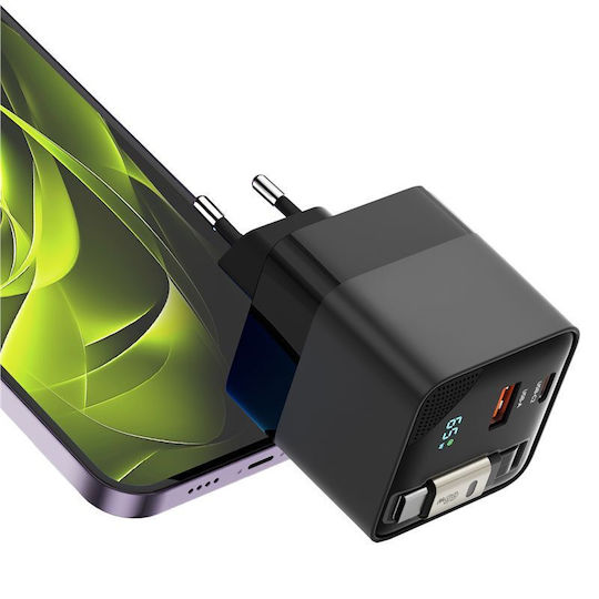 Mobile Origin Charger with Built-in Cable GaN with USB-A Port and USB-C Port USB-C 65W Power Delivery Blacks (MO-65WDCH-PW2)