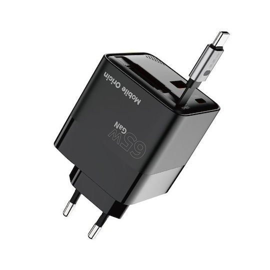 Mobile Origin Charger with Built-in Cable GaN with USB-A Port and USB-C Port USB-C 65W Power Delivery Blacks (MO-65WDCH-PW2)