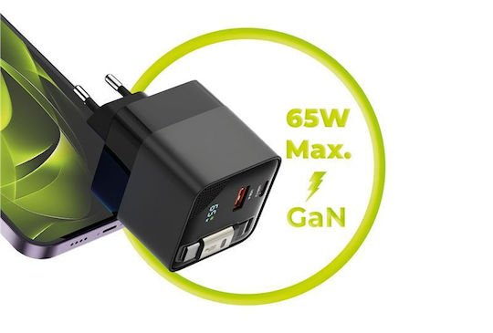Mobile Origin Charger with Built-in Cable GaN with USB-A Port and USB-C Port USB-C 65W Power Delivery Blacks (MO-65WDCH-PW2)
