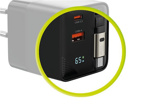 Mobile Origin Charger with Built-in Cable GaN with USB-A Port and USB-C Port USB-C 65W Power Delivery Blacks (MO-65WDCH-PW2)