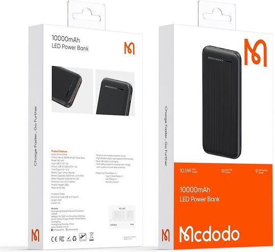Mcdodo MC-4631 Power Bank 10000mAh 10.5W με 2 Θύρες USB-A και Θύρα USB-C Μαύρο