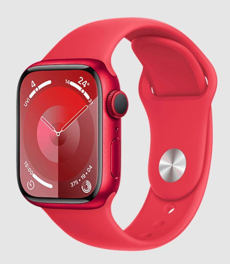 Apple Apple Watch Series 9 Cellular Aluminium 41mm Wasserdicht mit eSIM und Herzfrequenzmesser ((PRODUCT)RED Sportarmband (S/M) - S/M)