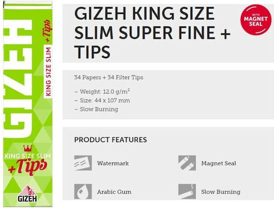 Gizeh Super Fine Cigarette Rolling Papers Slim King Size with Cone Tips 34 sheets 26pcs