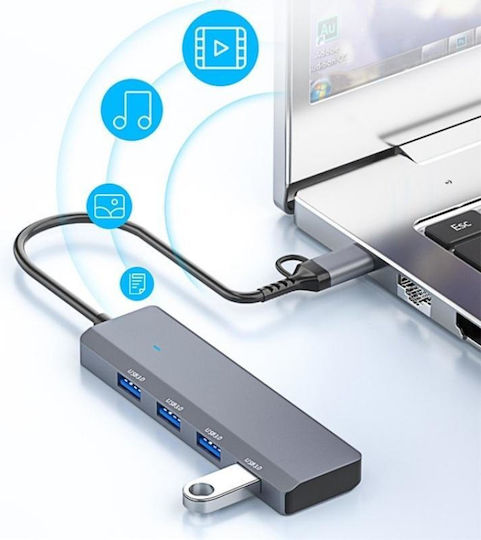 Hub 4 Porturi USB 3.0 cu Conectare USB-A Gri