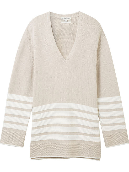 Women's Long Sleeve Sweater Cotton with V Neckline Striped Beige