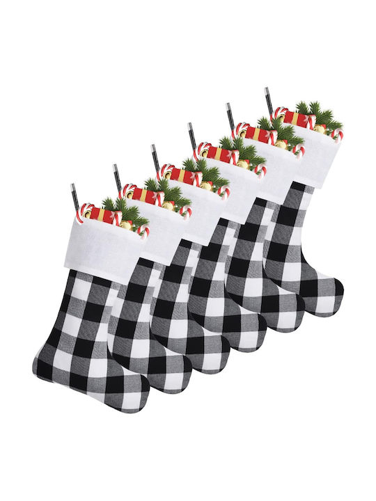 Set 6 Ciorapi Decorativi De Crăciun În Carouri 46cm Negri Albi