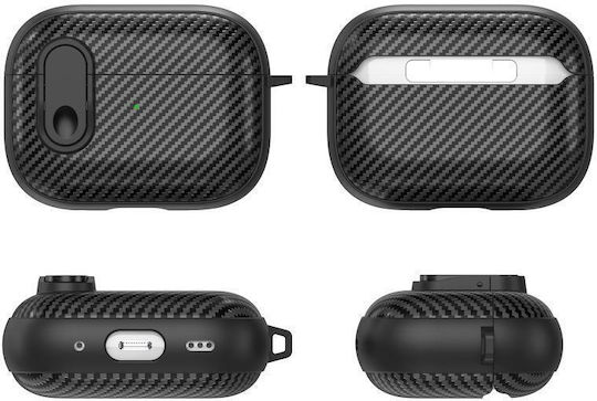 1 Carbon Fiber Texture Wireless Case Silicone / Plastic with Hook in Black color for Apple AirPods 1 / AirPods 2