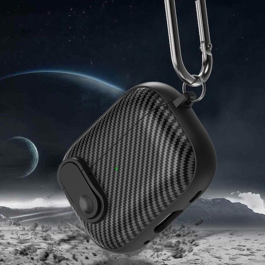 1 Carbon Fiber Texture Wireless Case Silicone / Plastic with Hook in Black color for Apple AirPods 1 / AirPods 2