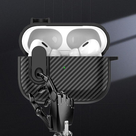 1 Carbon Fiber Texture Wireless Case Silicone / Plastic with Hook in Black color for Apple AirPods 1 / AirPods 2