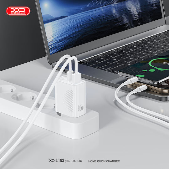 XO Încărcător Fără Cablu cu Port USB-A și Port USB-C 30W Power Delivery Alb (L163)