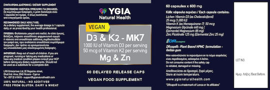 Ygia Vegan Vitamin D3 1,000 Iu K2 Mk7 50mcg Magnesium Glycinate Zinc Picolinate 60 Delayed Release Capsules