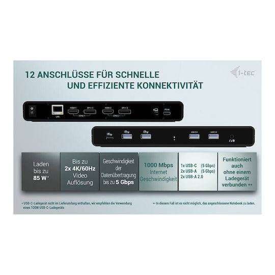 I-tec I-tec Universal Dual 4k Display Station Docking 2xdp 2xhdmi Lan Audio Power Delivery 85w 14176914 8595611707100