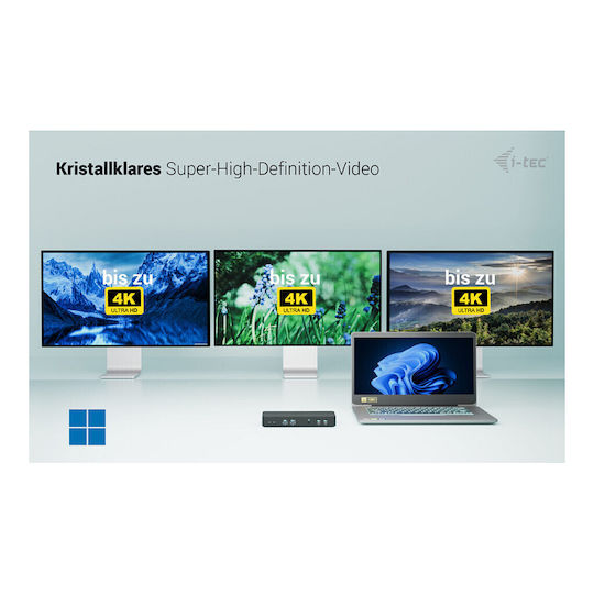 i-tec Display USB-C Docking Station με HDMI/DisplayPort 4K PD Ethernet και σύνδεση 3 Οθονών Μαύρο