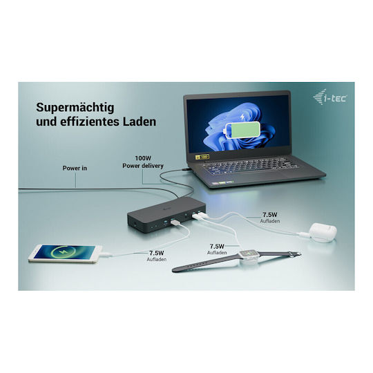 i-tec Display USB-C Docking Station με HDMI/DisplayPort 4K PD Ethernet και σύνδεση 3 Οθονών Μαύρο