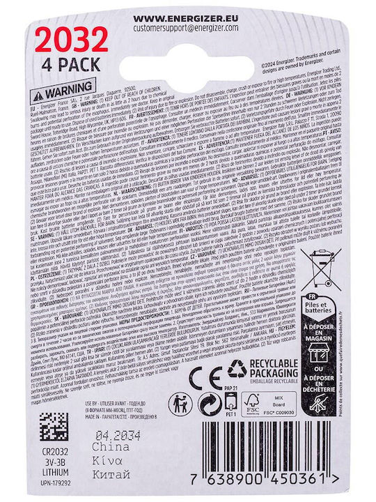 Energizer Μπαταρίες Λιθίου Ρολογιών CR2032 3V 4τμχ