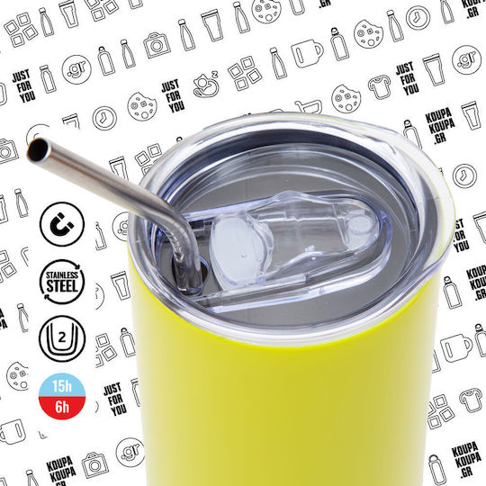 Smile Avatar Distorted Neon Yellow Travel Thermos with Metal Straw Stainless Steel 304 Food Grade