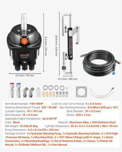 Vevor Hydraulic Steering Kit 90 Hp Marine Boat Hydraulic Steering System 6.9 Mpa 1000 Psi Helm Pump Two-Way Lock Cylinder 6 M High-Strength Hoses Single Station Single-Engine Use