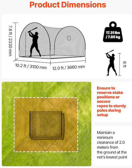 Baseball Cage Vevor 3660 X 3100 X 2330mm Free Standing Portable Baseball Cage Batting Cages Polyester 4 Layers Knotless & Pitching Machine Opening Batting Cage Net Indoor Outdoor Use