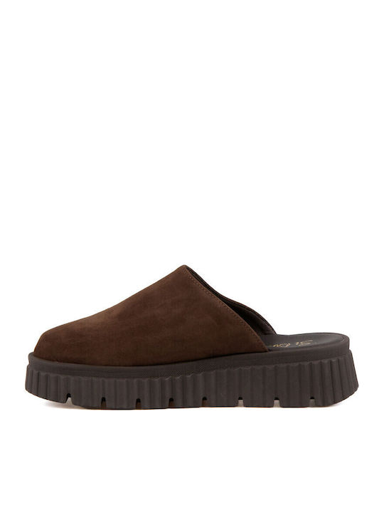 Suede Mules with Heel in Brown Color