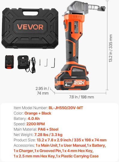 Vevor Cordless Metal Cutter Battery 20 V 4000 Mah Efficient Brushless Motor 2200 Rpm Electric Metal Cutter Plastic Carrying Case Cutting Steel Aluminum Sheets