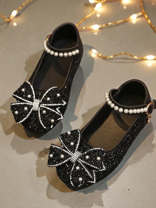 Kids Leather Ballerinas with Adjustable Metal Clasp Black