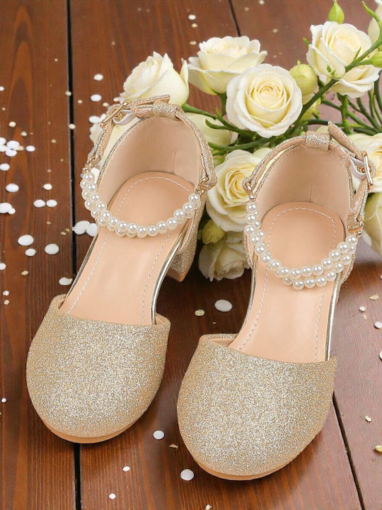Kids Leather Ballerinas with Adjustable Metal Clasp Gold