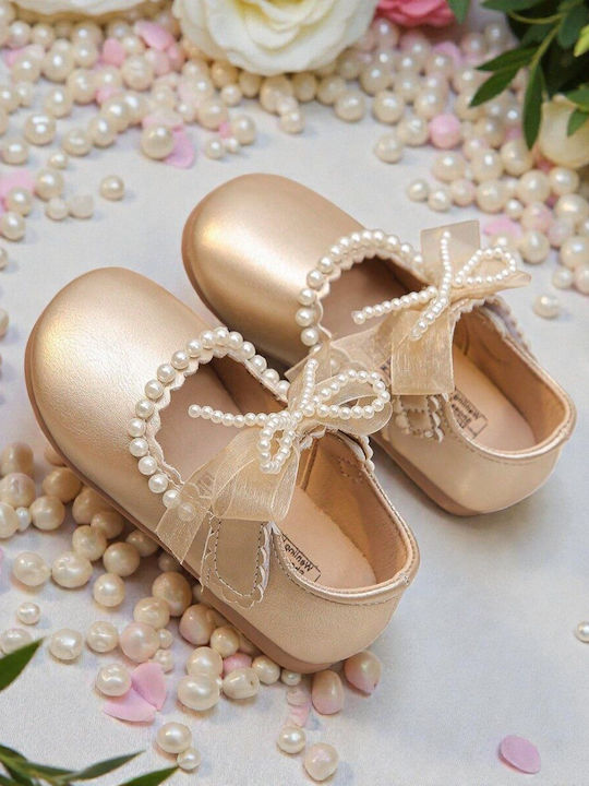 Kids Leather Ballerinas with Hoop & Loop Closure Gold