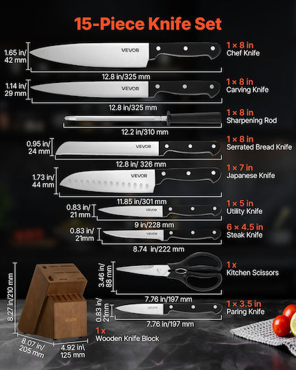 Vevor Set Knives with Base Made of Stainless Steel 15 Pieces