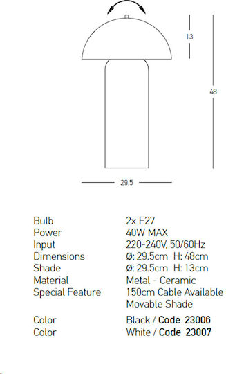 Zambelis Lights Ceramic Table Lamp for Socket E27 with White Shade and Base