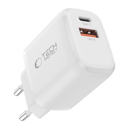 Tech-Protect Charger Without Cable GaN with USB-A Port and USB-C Port 45W Power Delivery / Quick Charge 3.0 Whites (NCA45W)
