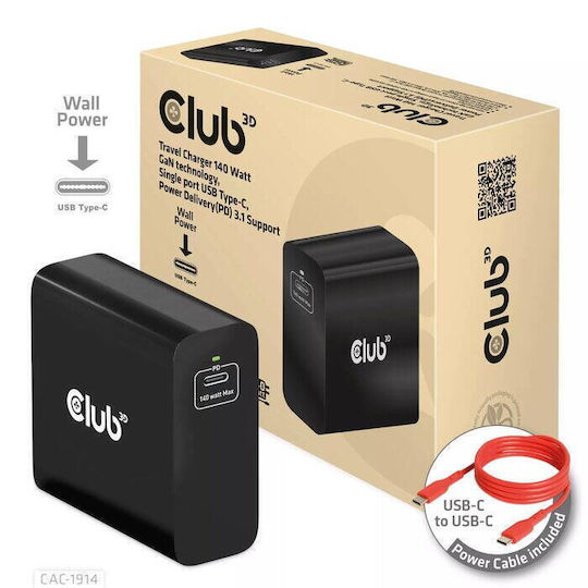 Club3D Ladegerät ohne Kabel GaN mit USB-C Anschluss 140W Stromlieferung Schwarzs (CAC-1914EU)
