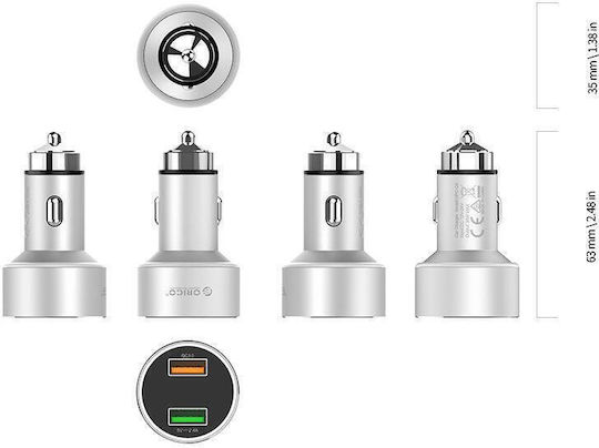 Orico Încărcător Auto Cu Mufă De Brichetă 30W Încărcare Rapidă Cu Porturi 2xUSB-A Culoare Argintie