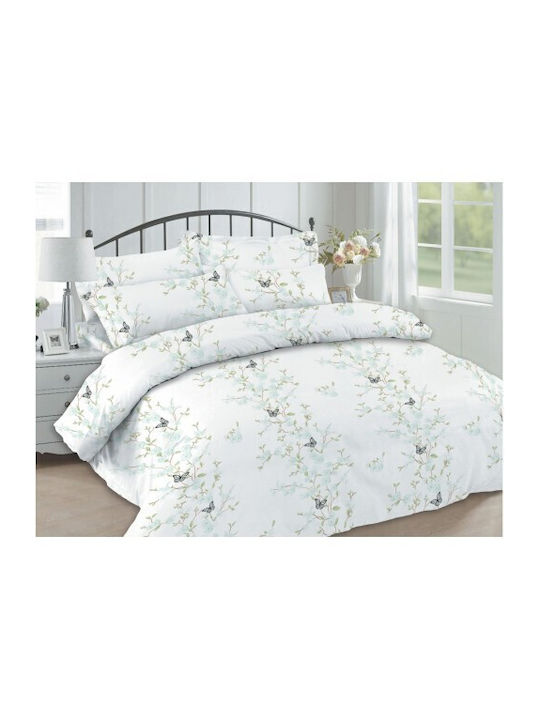 DeLuxe Pucioasa Set Husă de Pilotă Bumbac Dublă cu 2 Fețe de Pernă & 1 Cearsaf 200x220 Alb