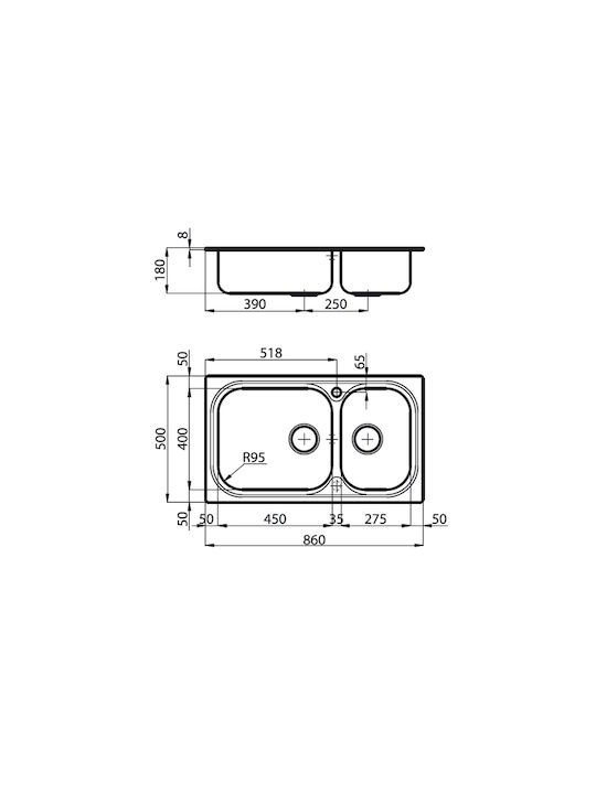 Foster Big Bowl Δεξιός Ένθετος Νεροχύτης Δεξιός Inox Σατινέ Μ86xΠ50cm Ασημί