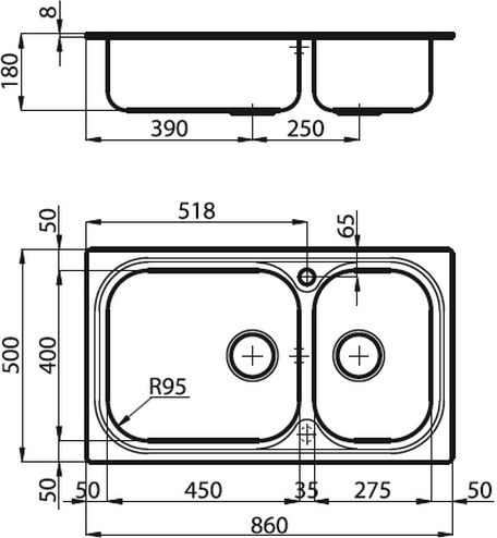 Foster Big Bowl Rechtshänder Drop-In Spüle Rechts Inox Satiniert B86xT50cm Silber