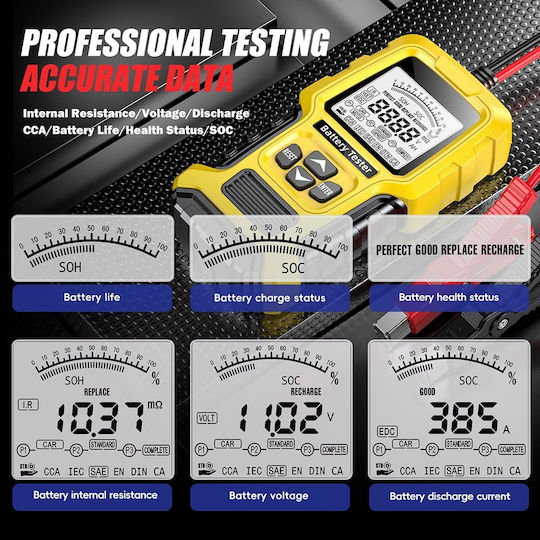 Foxsur Fbt-300 Tester Inteligent de Baterii 12v/24v Mașini Motociclete Ecran Lcd 2.7" Compatibil Vrla Gel Agm Efb Std Baterii Galben Negru