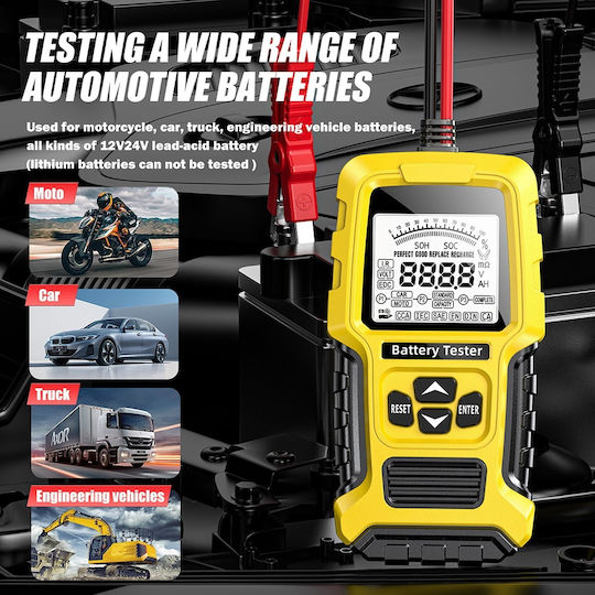 Foxsur Fbt-300 Tester Inteligent de Baterii 12v/24v Mașini Motociclete Ecran Lcd 2.7" Compatibil Vrla Gel Agm Efb Std Baterii Galben Negru