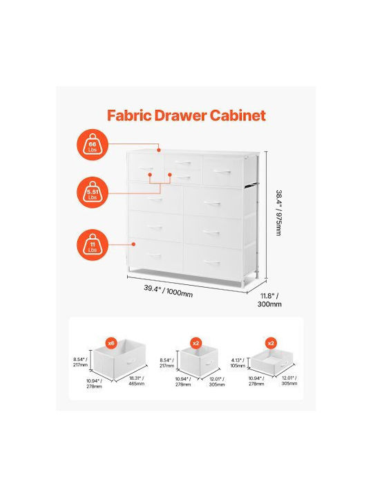 Metallic Chest of Drawers with 10 Drawers White with Fabric Coating 100x30x97.5cm