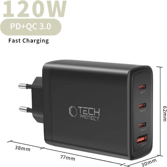 Tech-Protect Charger Without Cable GaN with USB-A Port and 3 USB-C Ports 120W Power Delivery / Quick Charge 3.0 Blacks (NC120W-GAN)
