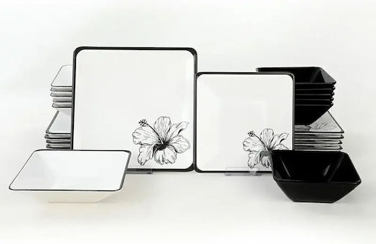 Square Dinnerware Set Keraart Lotus Black and White 24 Pieces 25x25cm