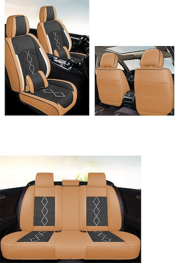 Huse Scaune Auto Premium 5 Locuri Carguard Deluxe Perforate Piele Eco Textil Caramel Maro