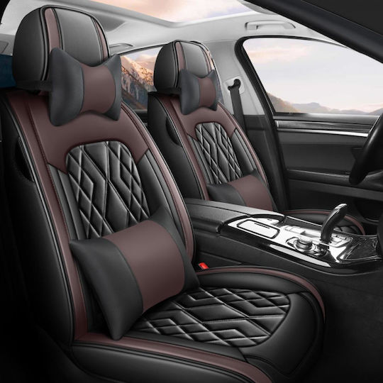 Set De Huse Scaune Auto Universal Ediție De Lux Material Eco-piele Scaune Față Spate Tetieră Volan Pernă Lombară Pernă Cap Culoare Negru Maro 16 Piese